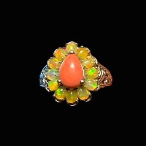 Vintage RARE Natural Opal and Coral(?) Sterling Silver Ring Sized 8